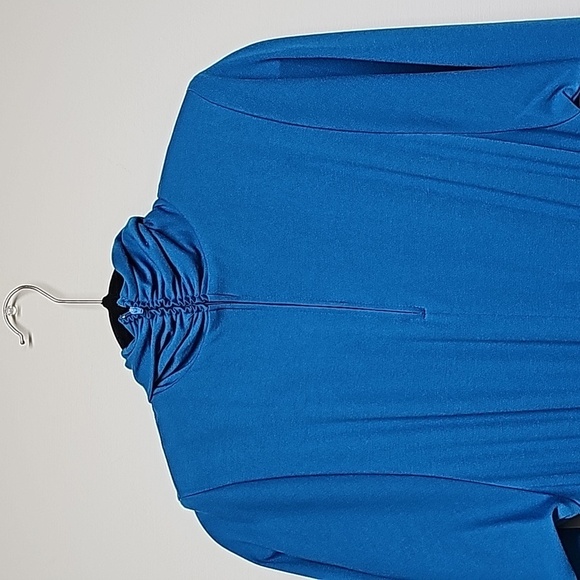 Vtg 80's Sabino Blue Belted Midi Dress, Knit, Ruched Mock Neck, Pockets, SZ 10, - Picture 6 of 13